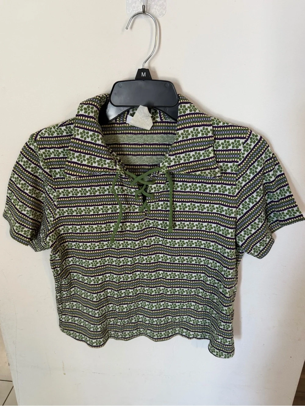 Vintage Lace-Up Collared Short Sleeve Top in Green Stripe - Picture 1 of 4